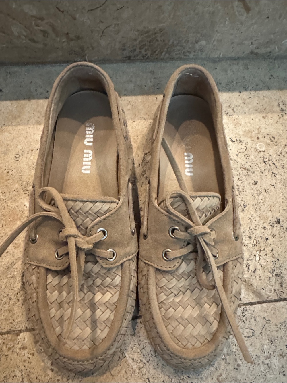 Miu Miu Braided Suede Lace-Up Shoes in Taupe